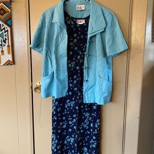 Vintage Blue & Aqua Flowered dress w/jacket S 10